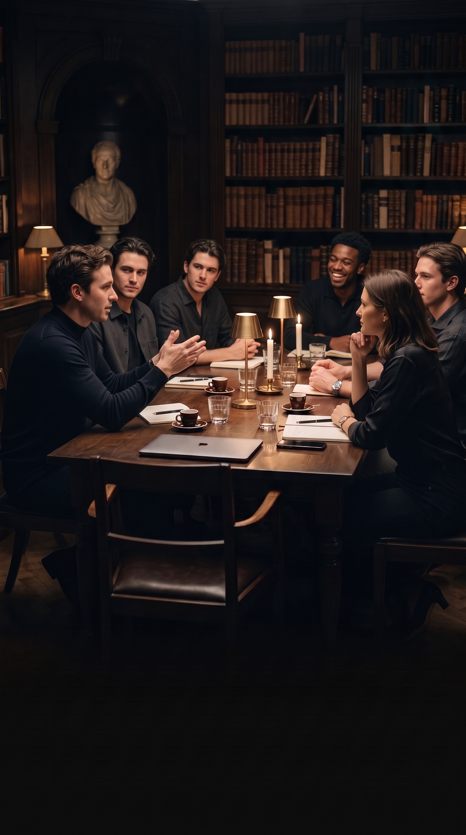 Business owners in conversation around a candlelit library table